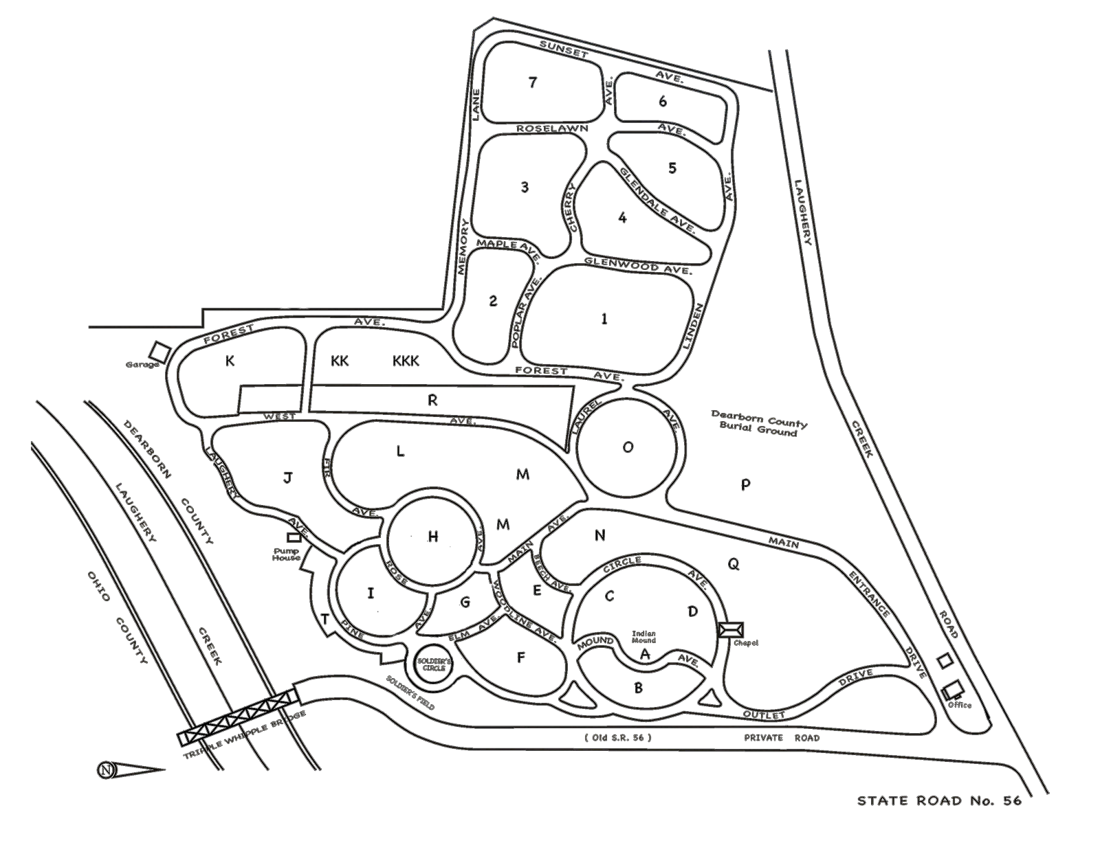 Map of the grounds of River View Cemetery.